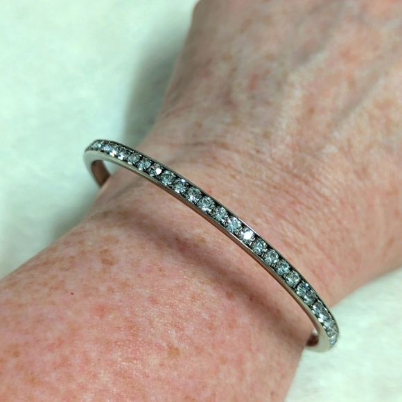 Vintage Silvertone Bangle Bracelet with Clear Stones - Picture 2 of 7